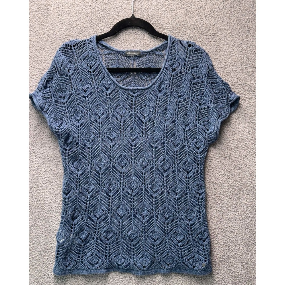 Eddie Bauer Crochet Knit Top M‎ Blue Linen Cotton Boho Fairy Festival Grunge